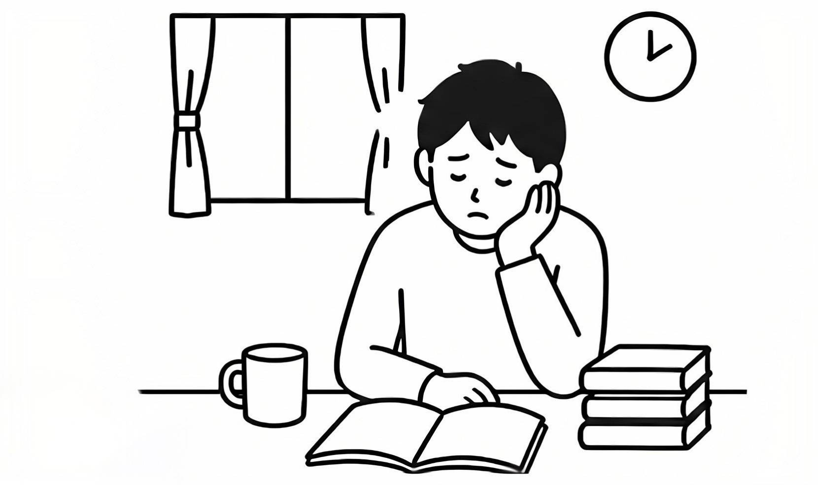 家で一人で勉強を続けることに悩むイラスト